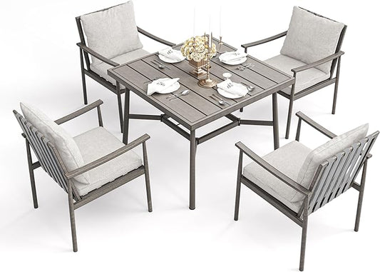 HAPPATIO 5-Piece Outdoor Dining Set for 4, Aluminum Patio Dining Set Includes 1 Large Square Table with Umbrella Hole and 4 Dining Chairs, Patio Furniture Set for Lawn, Porch, or Backyard (Grey)