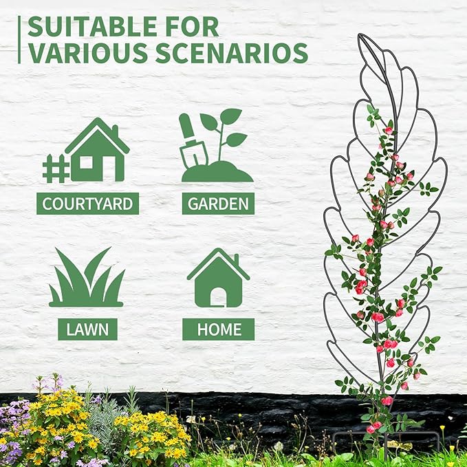 SUNYRISY 3Pack Leaf Metal Garden Trellis for Climbing Plants Outdoor, Metal Plant Trellis for Flowers Tomato Cucumber Rose Vegetable Support Garden Decoration, Black