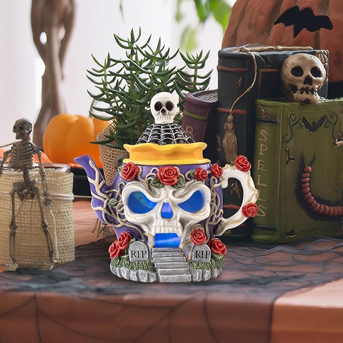 Light Up Halloween Haunted House Decor, 8.3"X 8.1" Resin Skull Head Decorative Teapot Figurine with Roses, Spooky Skeleton Miniature Village Indoor Outdoor Table Mantel Decorations for Home