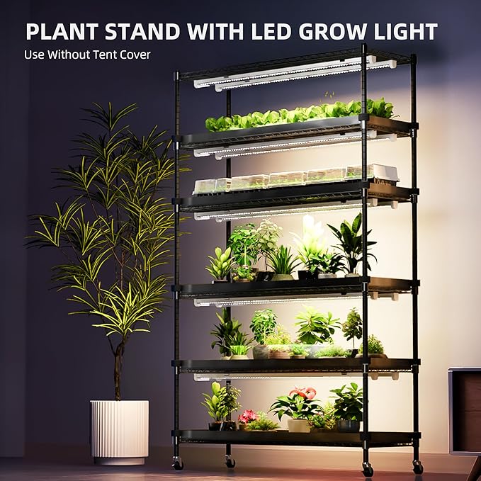 Spider Farmer 2025 Plant Stand with Grow Lights, 6-Tier Plant Shelf with 10Pcs 3ft Full Spectrum 220W Led Lamp and Grow Tent, for Veg Seed Starting Plants Growth Greenhouse 5000K 43Lx16Dx71H (Update)