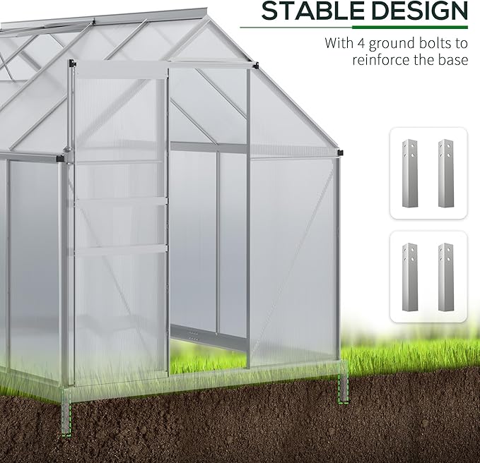 Outsunny 6' x 8' x 6.5' Polycarbonate Greenhouse with Adjustable Roof Vent, Walk-in Heavy Duty Green House Kit with Aluminum Frame, Sliding Door and Rain Gutter for Winter, Silver