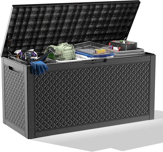 New 100 Gallon Outdoor Storage Box – Resin Deck Box with Lockable Lid, Waterproof Patio Furniture Storage for Tools, Garden & Yard Organization
