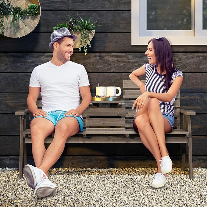 Tangkula Outdoor Fir Wood Bench with Foldable Middle Table, 2-3 Person Garden Bench with Backrest and Armrests, 710 lbs Weight Capacity, Slatted Seat Bench for Porch, Patio, Backyard