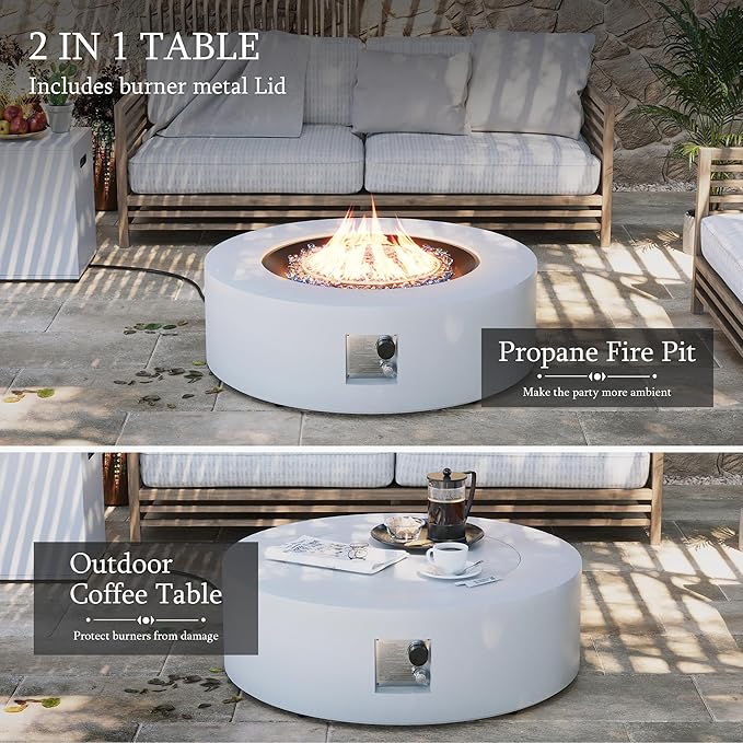 UPHA 42-inch Outdoor Propane Gas Fire Pit Table 50000 BTU Iron Round Firepit for Outside Patio with Tank Hidden Table, Removable Lid, Blue Glass Rocks, Rain Cover, White
