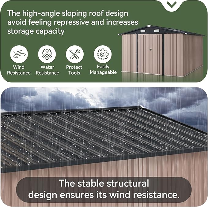 Aoxun 10 x 12FT Outdoor Storage Shed with Base Utility Garden Shed with Lockable Door & Sloped Roof Metal Sheds Outdoor Storage for Garden, Backyard, Patio and Backyard,（Brown/Base Included）