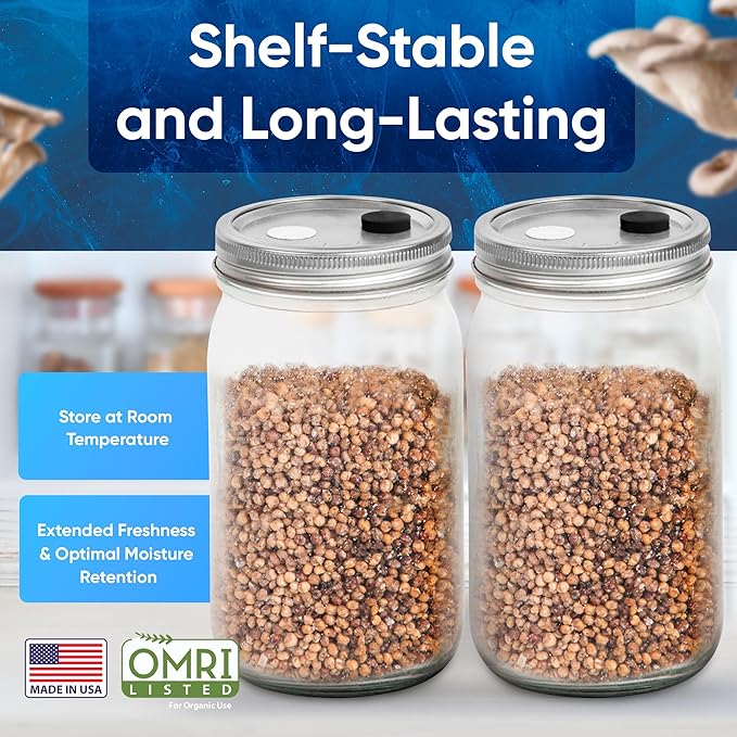 Surfin' Spores Mushroom Growing Grain Jars, Sterilized Hydrated Grain Spawn | 32 oz Glass Jars w/Self-Healing Injection Ports & Filter | Milo, Oyster Shell, & Gypsum Blend | 1 lb Per Jar (Four Pack)