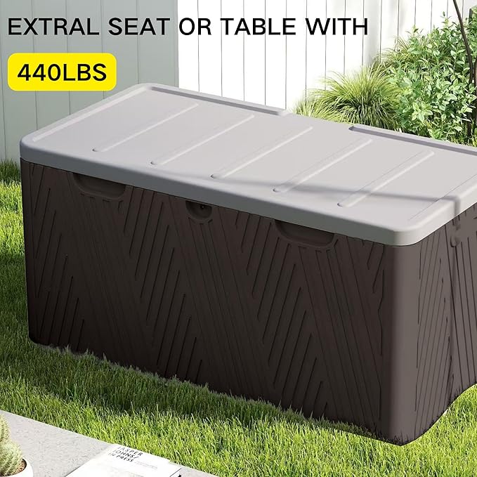 Kingdura 110 Gallon Outdoor Storage Box, Waterproof Resin Deck Box for Indoor and Outdoor Use, Lockable Storage Container for Patio Furniture Cushions Garden Tools (Coffee, 110 Gallon)