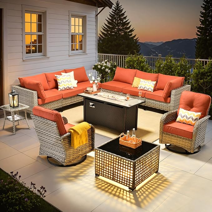 Outdoor Sectional Patio Furniture Set with Fire Pit Table and Swivel Rocking Chairs,11 Pieces Wicker Conversation Sets L Shaped Couch Out Door Sofa Outside Furniture for Garden Deck Yard,Red