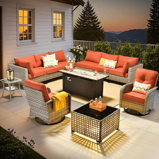 Outdoor Sectional Patio Furniture Set with Fire Pit Table and Swivel Rocking Chairs,11 Pieces Wicker Conversation Sets L Shaped Couch Out Door Sofa Outside Furniture for Garden Deck Yard,Red
