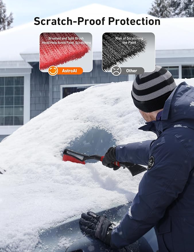 AstroAI 2 Pack 27" Snow Brush and Ice Scrapers for Car Windshield, Detachable Snow Scrapers with Ergonomic Foam Grip for Cars, Trucks, SUVs (Heavy Duty ABS, PVC Brush, Red)