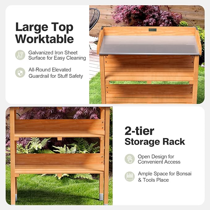 Giantex Garden Potting Bench, Outdoor Wood Workstation Table with Galvanized Steel Tabletop, 5 Hooks, 2-Tier Storage Shelves, Outside Work Station Potting Table with Raised Edge, Easy Assembly