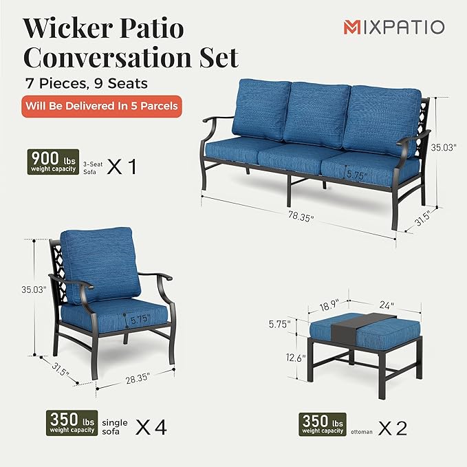 Patio Furniture Set 7 pcs, Outdoor Patio Furniture, 3-Seat Sofa, 4 Single Chairs, 2 Ottomans and 5.75" Extra Thick Cushion, Conversation Set for Backyard Deck,Gemstone Blue