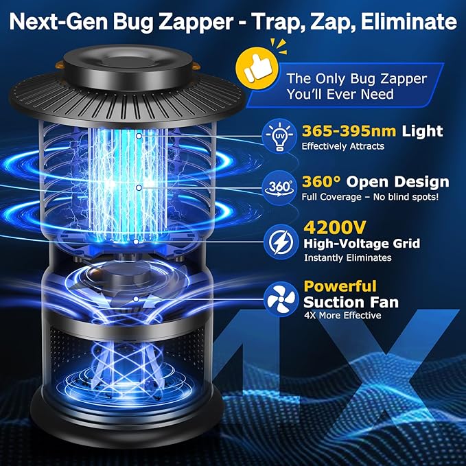 2-in-1 Bug Zapper Outdoor with Fan Suction, Effective Mosquito Trap & Insect Zapper, 10000mAh Rechargeable Fly Zappers for Indoor & Outdoor, IPX5 Waterproof