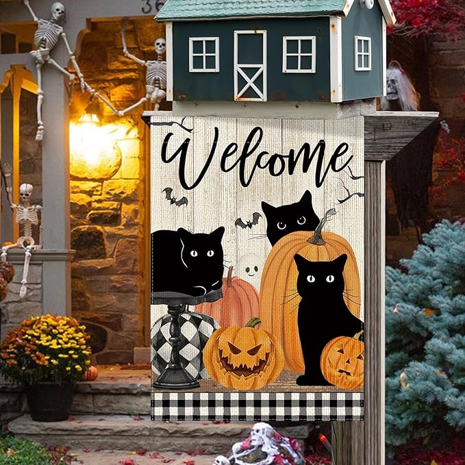 DLZDN Welcome Halloween Cat Garden Flag Black Cat Pumpkins Flag 12×18 Inch Double Side Vertical Burlap Farmhouse Yard Sign Holiday Seasonal Outdoor House Decoration