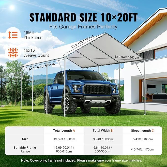 VEVOR 10x20' Canopy Replacement Cover Heavy Duty, Carport Garage Top Tent Shelter Tarp Waterproof & UV Protected, Easy Installation with 40 Free Ball Bungeess(Only Cover, Frame Not Include)