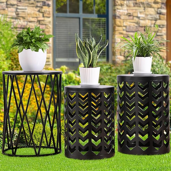 Y&M Set of 3 Stacking Coffee Tables for Living Room End Tables, Nesting Side Table, Outdoor Decorative Garden Stool with Heavy Duty Modern Industrial Decor - Black (Ship from US)