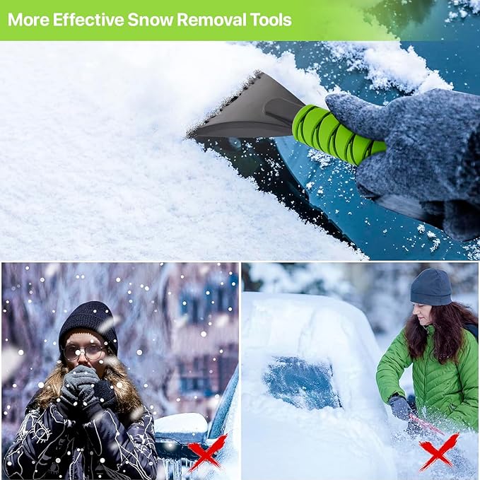 27" Snow Brush and Ice Scrapers for Car Windshield 2 Pack, Scratch-Free Bristle Head PVC Snow Brush & Foam Grip Window Snow Scraper Snow Removal Tool with Aluminum Body for Truck, SUV, Green