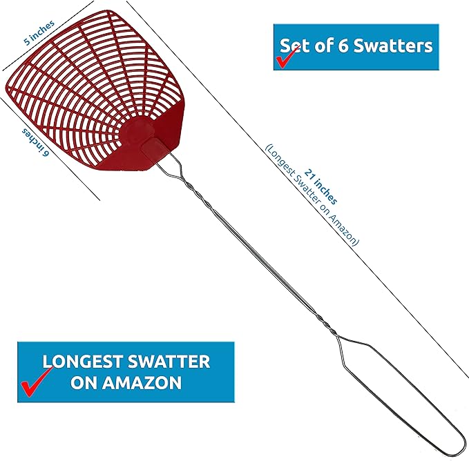 Bug & Fly Swatter – Braided Metal Handle 6 Pack Fly Swatters – Indoor/Outdoor – flyswatter (21 inch - Set of 6)