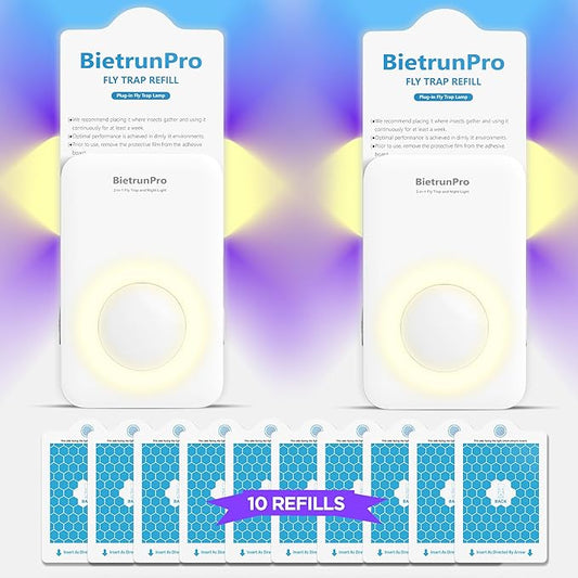 Fly Traps Indoors(2 Device+10 Refills), Gnat Traps for House Indoor with Night Light, 3-in-1 UV/Blue/Yellow Light Plug-in Flying Insect Traps, Fruit Fly Killer, NAT Killer, Get Rid of Gnat Infestation