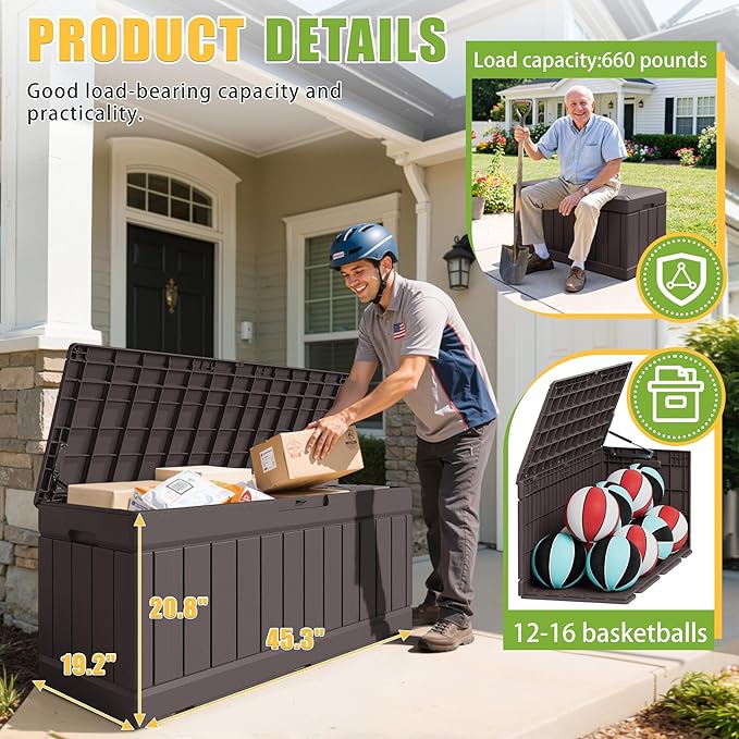 Greesum 82 Gallon Resin Deck Box Large Outdoor Storage for Patio Furniture, Garden Tools, Pool Supplies, Weatherproof and UV Resistant, Lockable, Dark Brown