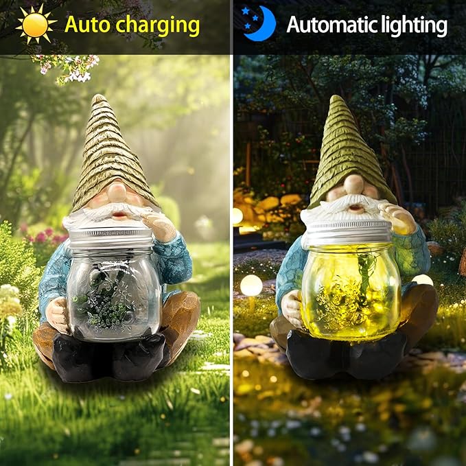 Solar Firefly Jar Gnome Waterproof- Halloween Large Garden Gnome Funny Solar Outdoor LED Lights Resin Statues 10.6" Lantern Figurines Decorations Birthday Gifts for Mom Women-Housewarming Gifts