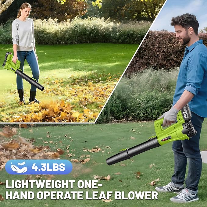 Leaf Blower Cordless with 2 x 4.0 Ah Battery and Charger, 160MPH/580CFM High Power Lightweight Handheld Electric Leaf Blowers with 2 Extended Tubes for Lawn, Yard, Leaves, Dust, Snow Care (Green)