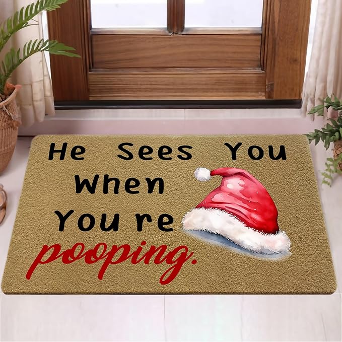 Funny Christmas Bathroom Faux Coir Door Mat, Christmas Bath Mat for Bathroom Entryway, He Sees You When You're Pooping Welcome Doormat for Washroom Restroom Toilet Porch Entrance, 17x30 Inch