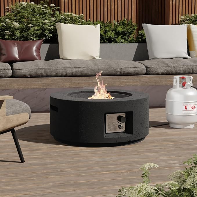 SUNBURY Outdoor Fire Pit, 28" Round Propane Gas Patio Fire Table 40,000 BTU Concrete Travertine Design, CSA Certified, Circular Base Small Firepit with Lava Rocks, Waterproof Cover (Grey)