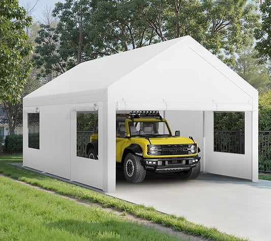 Walsunny Carport 10x20ft Heavy Duty Carport Canopy with Roll-up Ventilated Windows, Portable Garage with Removable Sidewalls, Car Canopy with All-Season Tarp for Car, SUV, Truck, Boat