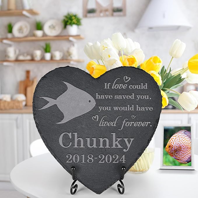 Fish Memorial Stone Fish Garden Statue - Fish Memorial Gifts - Fish Tombstone - Fish Loss Gift - Loss of Pet Fish - Heart