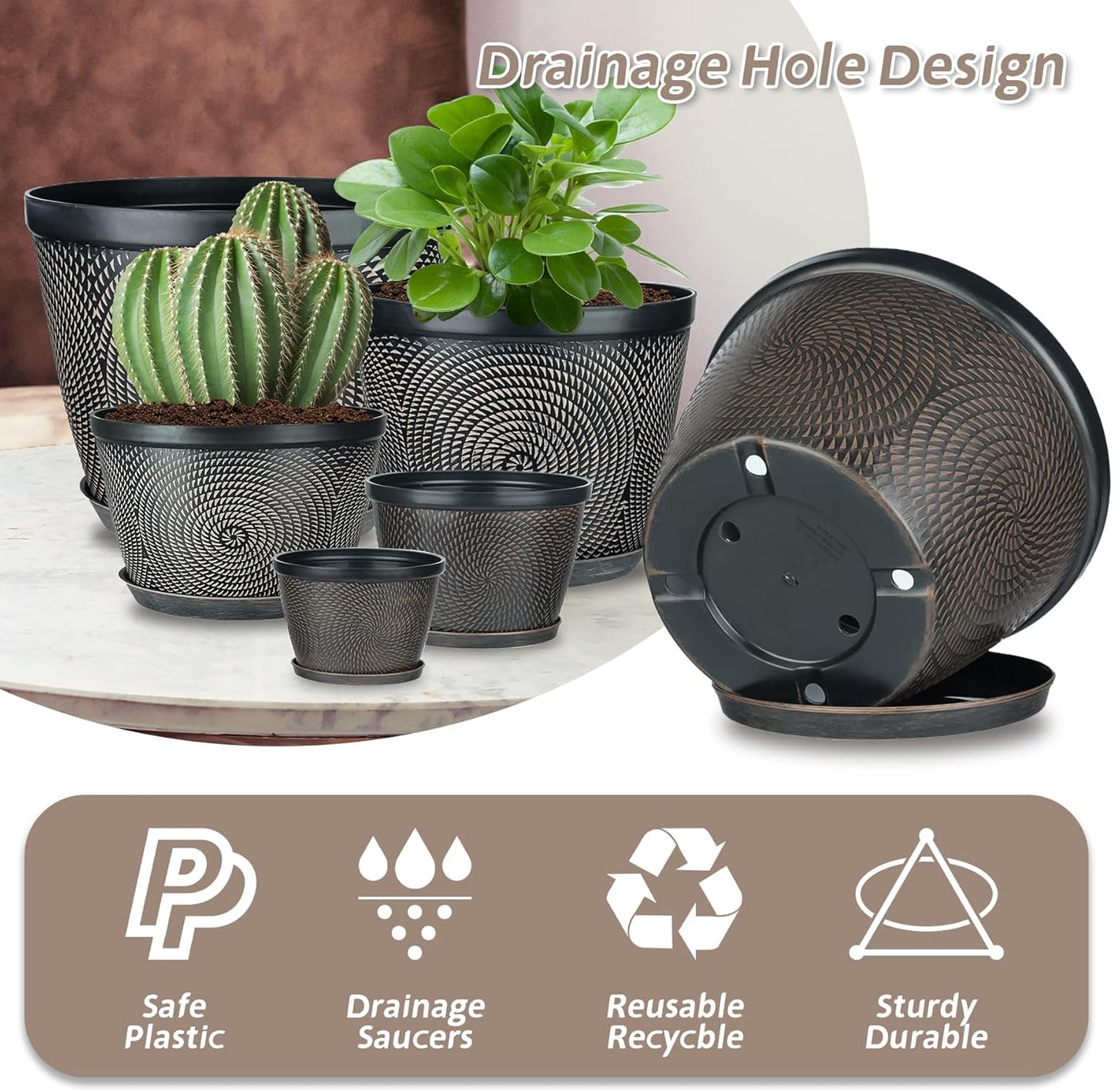 Quarut 4 Pack 8 Inch Flower Pots for Outdoor Indoor, Plastic Plant Pots with Drainage Hole & Saucer, Lightweight Small Flower Pot, Circle Pattern Planters for Garden House planters（Black Copper）