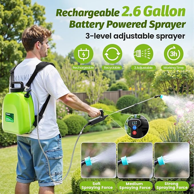 Battery Powered Backpack Sprayer 2.6 Gallon, Electric Lawn & Garden Sprayer with 4 Nozzles, 3 Modes, USB Rechargeable, Portable Yard Sprayer for Weed Killer, Fertilizer, Cleaning, Watering