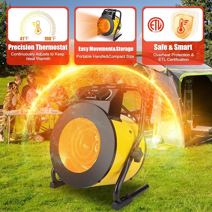 Greenhouse Heater with Digital Thermostat - 1500W Portable Outdoor Heaters for Patio, Fast Heating, Overheat Protection, Electric Space Heater for Greenhouse, Grow Tents, Patio, Yellow
