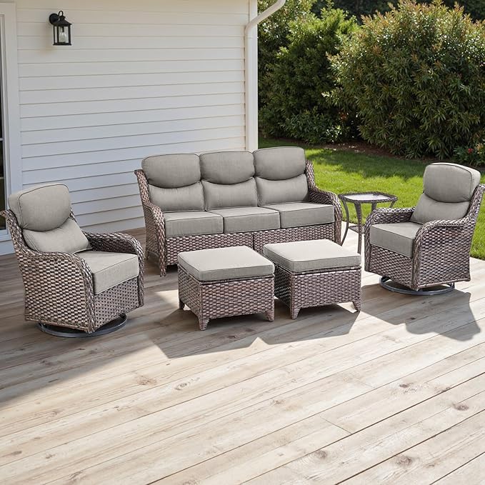 Wicker Outdoor Patio Furniture Set - 6 Piece Patio Conversation Sets with Swivel Rocker Chairs, Ottomans, Sofa and Side Table, 6 inch Cushions, Waterproof Wicker, for Porch Deck Brown/Beige