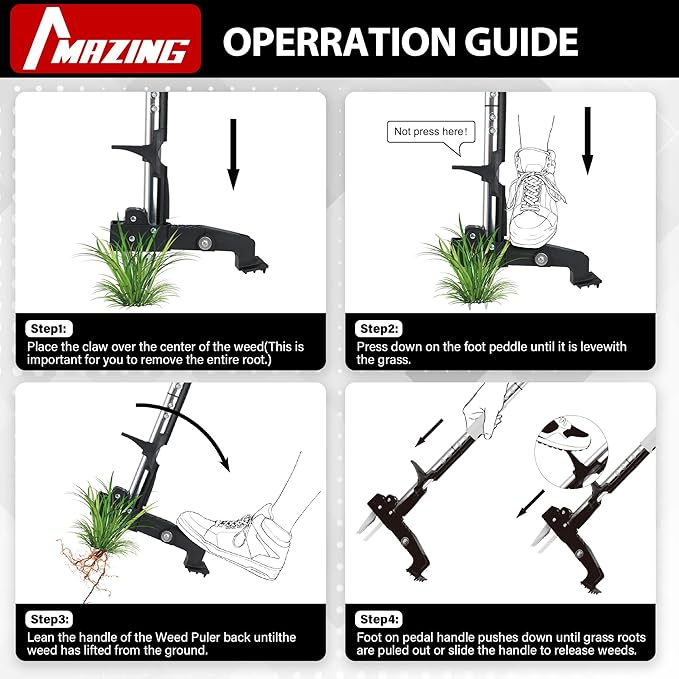 MAZING 4-Claw 39" Weed Puller Tool, Length Adjustable Detachable Weed Remover, Stainless Steel Claws Weed Picker and Grabber, Stand Up Weed Root Pulling Tool for Lawn, Yard, Garden, Patio