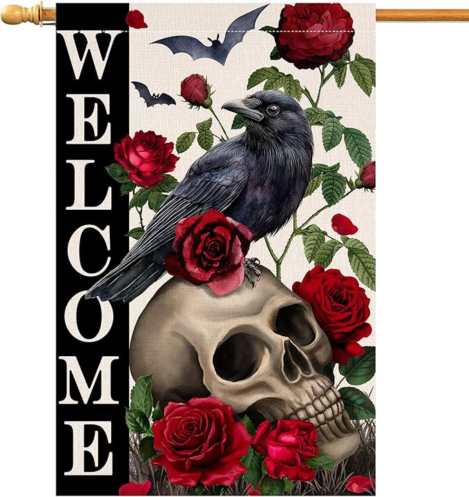 BLKWHT Halloween Skull Rose House Flag 28x40 Vertical Double Sided Black Crow Bat Welcome Fall Holiday Outside Decorations Burlap Yard Flag BW838-40
