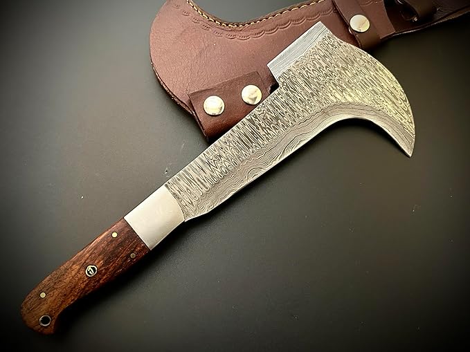 Hand Forged Damascus Steel Machete Billhook Sickle Knife | Yard Work | Machete for Cutting Trees | Brush Clearing Garden Tools | Leather Cover | Belt Loop