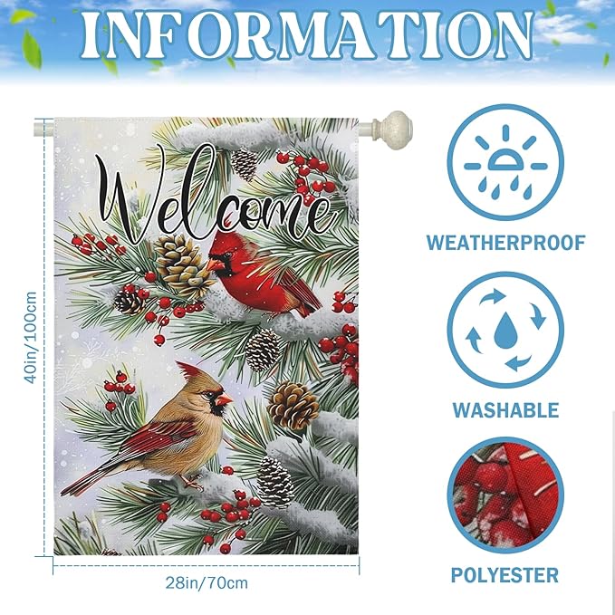 Welcome Winter Garden Flag Christma Cardinal Birds House Banner Red Bird Berry Trees Pine Snow Vertical Yard Flags Pinecone Wall Banners for Xmas Rustic Farmhouse 28 x 40 Inch
