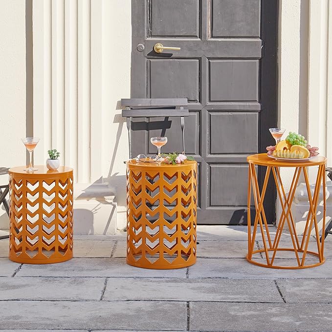 Y&M Set of 3 Metal Round Table, Coffee Table End Table for Indoor Outdoor Multifunctional Use, Heavy Duty Metal Plant Stand Decorative Garden Stool- Orange