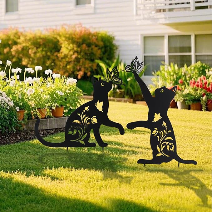 MUMTOP Cat Metal Garden Stake Decorative, Black Cat Gifts for Women, Silhouette Statues for Yard Art, Outside, Patio, Outdoor Decor, Lawn Ornaments, Butterfly