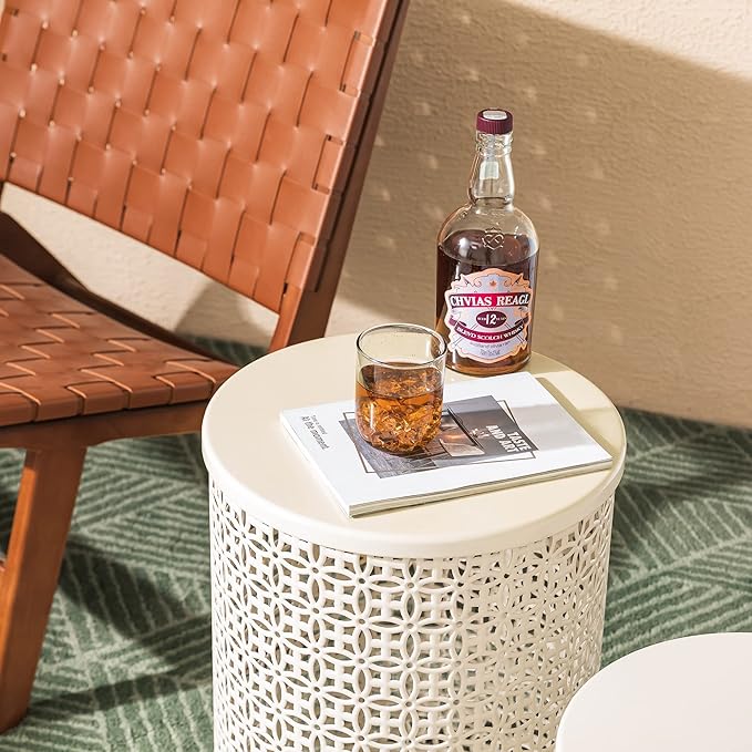 Glitzhome Outdoor Side Table Set of 2, Decorative Garden Stool for Indoor Outdoor Heavy Duty Metal Frame Accent Table Modern End Table, Cream White