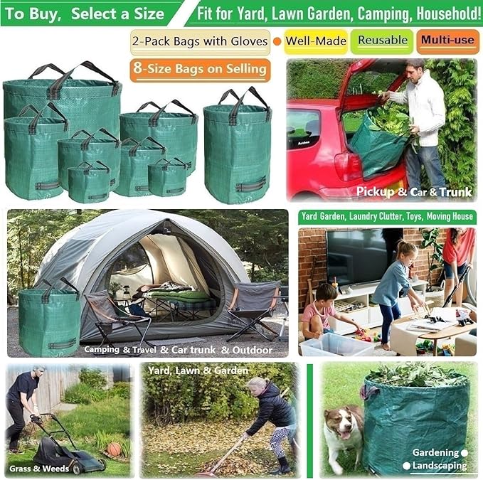 Standard 2-Pack 16 Gallon Yard Lawn Garden Bags (D18, H15 inch) with Gardening Gloves, Yard Waste Bags,Patio Debris Container,Camping Trash Bin,Recycling Bag,Laundry Bin,Lawn Weeds,Leaf Bags 4 handles