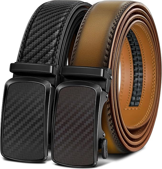 BULLIANT Men's Ratchet Belt 2 Pack-Click Leather Belt Adjustable for Men Gift 1 3/8-Cut for Perfect Fit