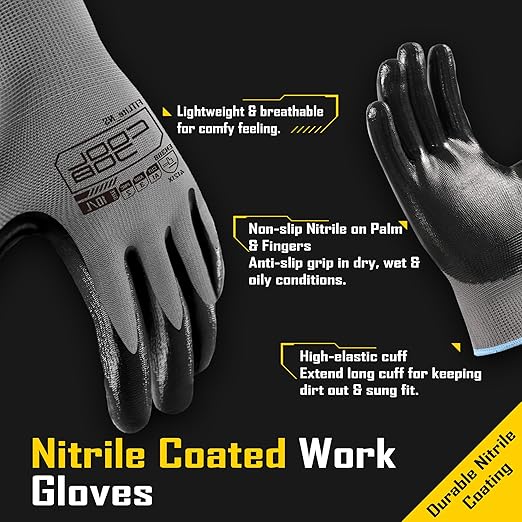 COOLJOB 20 Pairs Nitrile Dipped Safety Work Gloves with Grip, Non-slip Rubber Coated Bulk Garden Gloves for Men, Heavy-duty Oil Resistant for Truck Driver, Warehouse Box Handler, Large, Gray