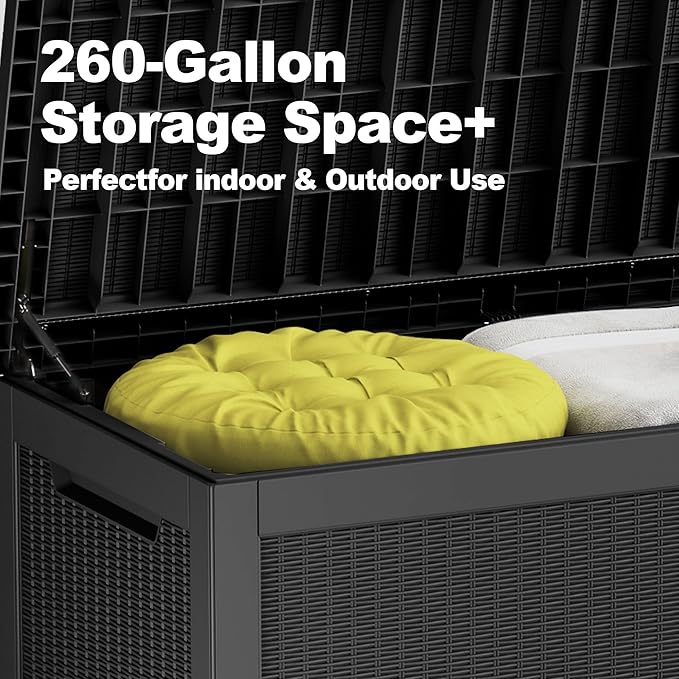 260 Gallon Outdoor Storage Box – Resin Deck Box with Lockable Lid, Waterproof Patio Furniture Storage for Tools, Garden & Yard Organization
