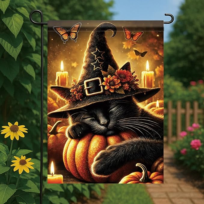 Halloween Fall Garden Flag Black Cat with Witch Hat Pumpkin Flag 12x18 Inch Double-Sided Autumn Candle Butterfly Yard Banner Outdoor Decor for Porch Lawn Pathway Cat Lover Gift
