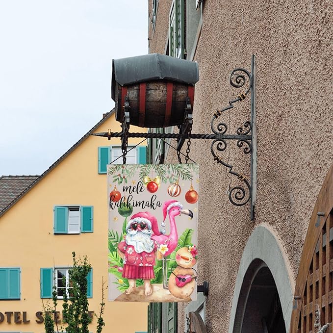 Santa Mele Kalikimaka Flamingo Christmas Hawaii Garden Flag Welcome Party Outdoor Outside Decorations Picks Home House Garden Yard Decor 12x18 Inch