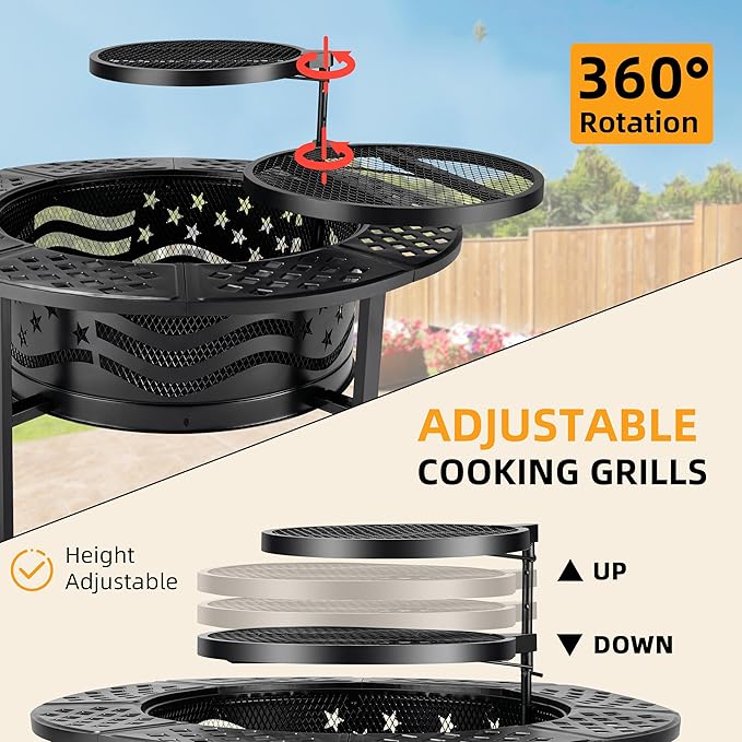 PrimeZone 42" Outdoor Fire Pit with 2 Grills - Wood Burning Firepit for Outside with Cover & Poker, Heavy Duty Metal Fire Pit Large Round Fireplace for Patio, Backyard, Picnic, Camping, Bonfire