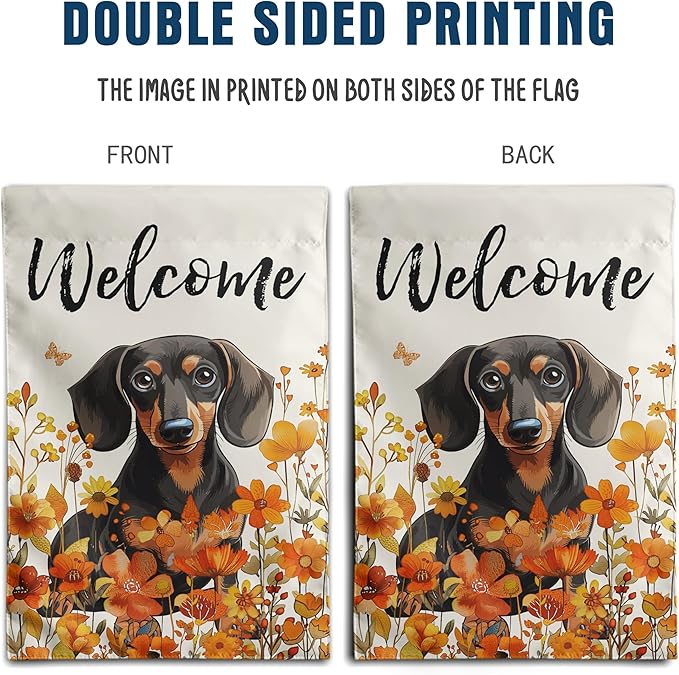 Floral Dachshund Garden Flag Fall Yard Flag Wildflower Dog Garden Flags Orange Autumn Lawn Flags Welcome Thanksgiving Outdoor Flags for Outside 12x18 Double Sided Small