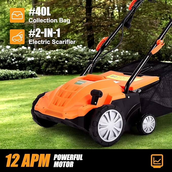 ARNOT Lawn Dethatcher & Scarifier, 2-in-1 Electric Corded Lawn Dethatcher, 13-Inch 12Amp Lawn Scarifier, 3-Position Raking Depth, w/40L Collection Bag & 2 Removable Blades, Orange